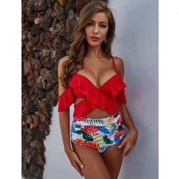 2021 New Sexy Ruffle High Waist Bikini Swimwear Women Swimsuit Cross Bikini Set Off The Shoulder Bathing Suits Summer Beach Wear
